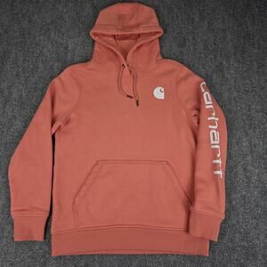 Carhartt Hoodie Womens Small Pink Coral Relaxed Fit Logo Print Sleeve Fleece